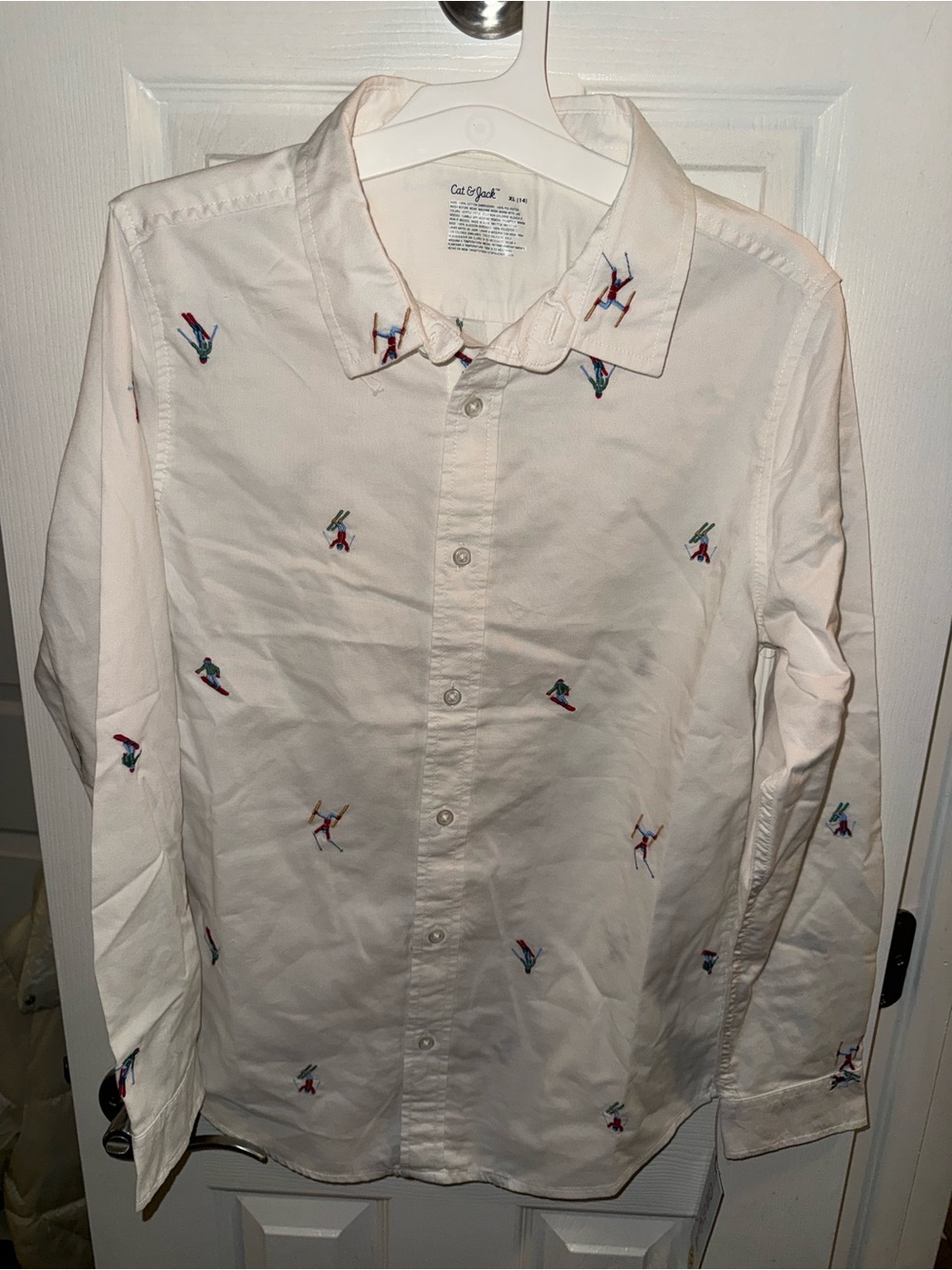 Cat & Jack White Button-Up Shirt with Colorful Ski Embroidery - Men